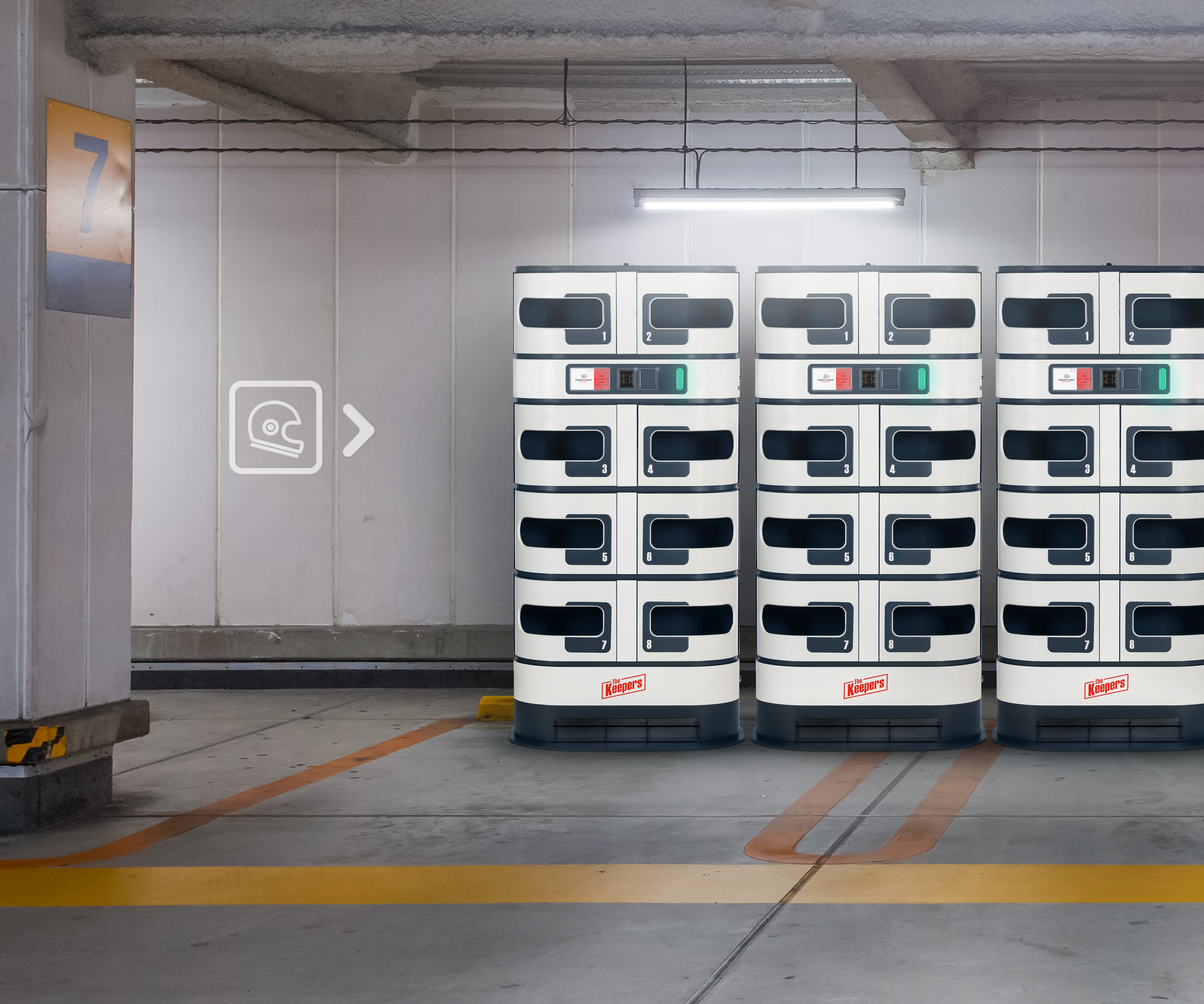 Motorcycle helmet locker for parking lots